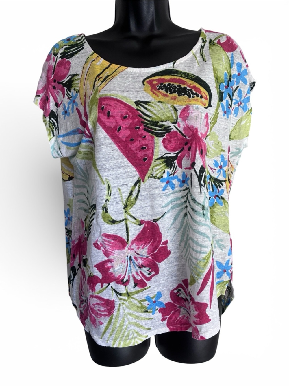 Floral Tropical Print Resortwear Beachy Vacation 100% Linen Top White Pink Sz M